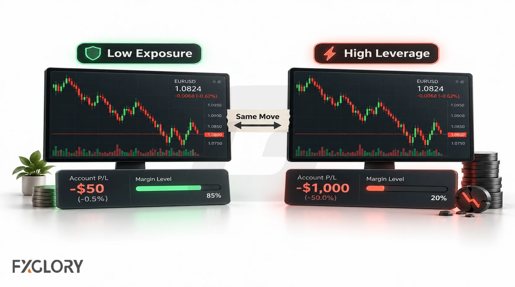 Two identical EUR/USD price moves compared side by side, showing limited account impact at low exposure and much heavier damage under high leverage.