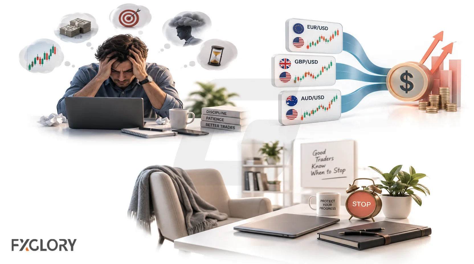 Trader holding his head as multiple forex charts and trading impulses surround him, representing FOMO, revenge trading, boredom, overconfidence, and social pressure.