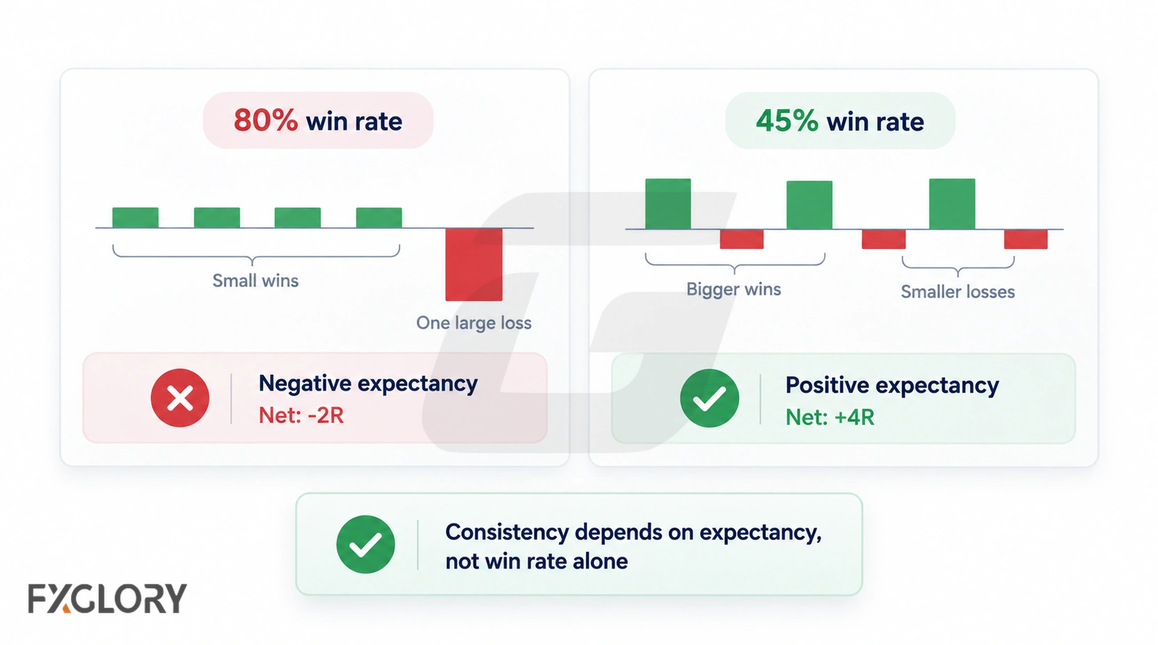 Comparison of two strategies showing that win rate alone does not determine performance because reward and risk size affect expectancy.