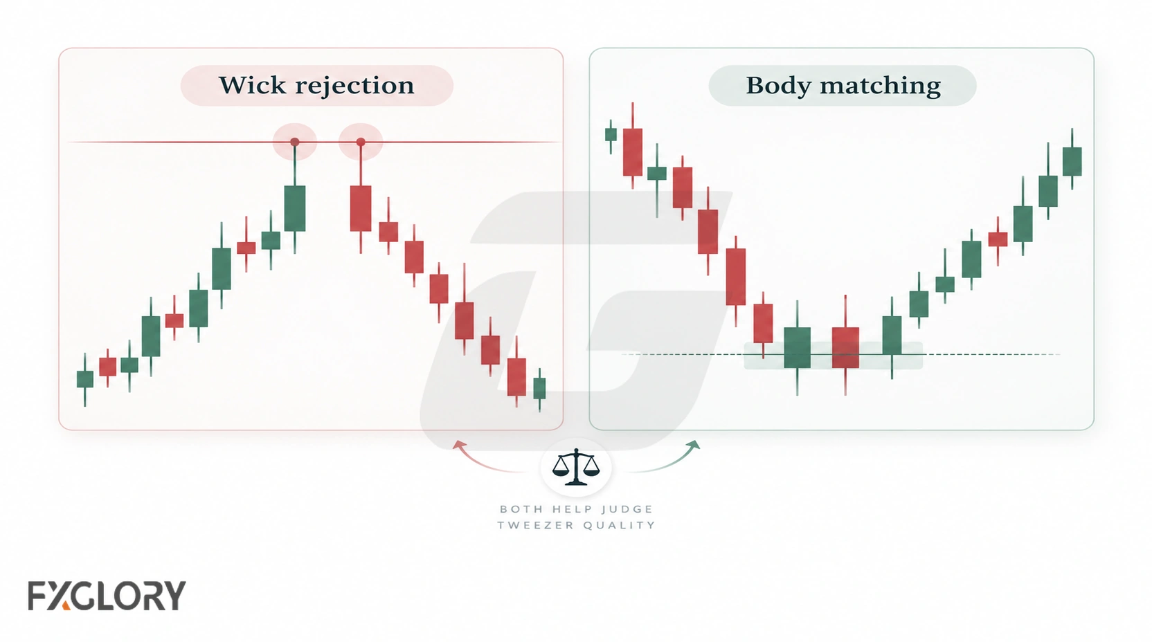 Comparison showing wick rejection and body alignment in tweezer pattern quality.