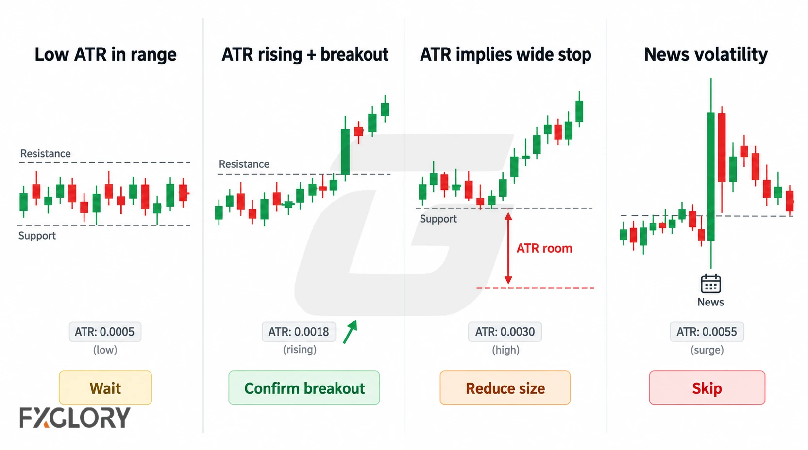 Four market scenarios show low ATR inside a range, rising ATR with a breakout, high ATR requiring a wider stop, and a news-driven ATR surge leading to different trade decisions.