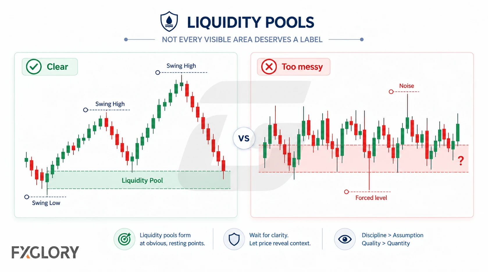 Side-by-side charts compare a clear swing structure with an obvious liquidity zone against a noisy overlapping range with a forced level.