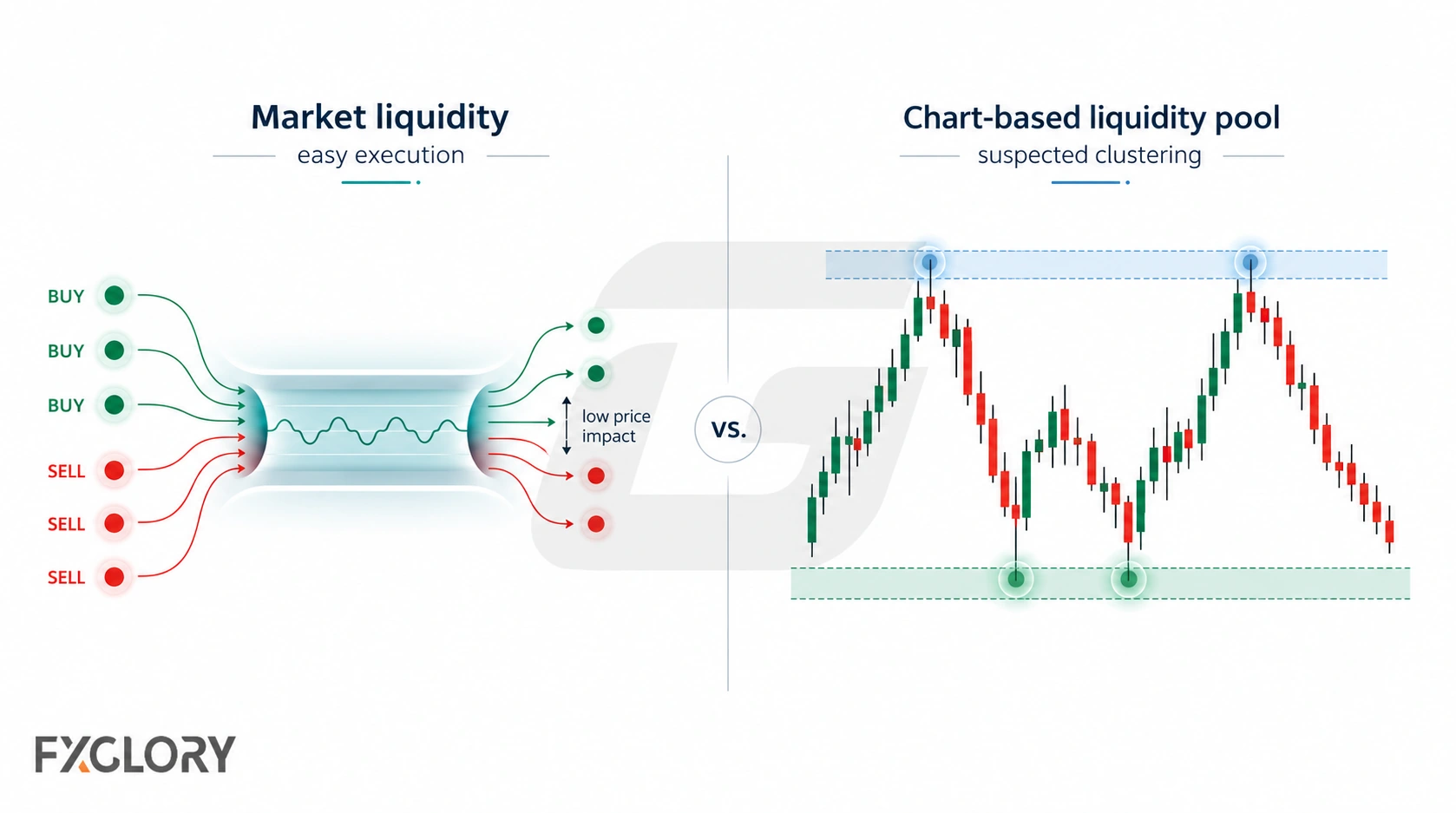 A split comparison shows market liquidity as smooth trade flow with low price impact and a chart-based liquidity pool as a highlighted zone around repeated highs and lows.