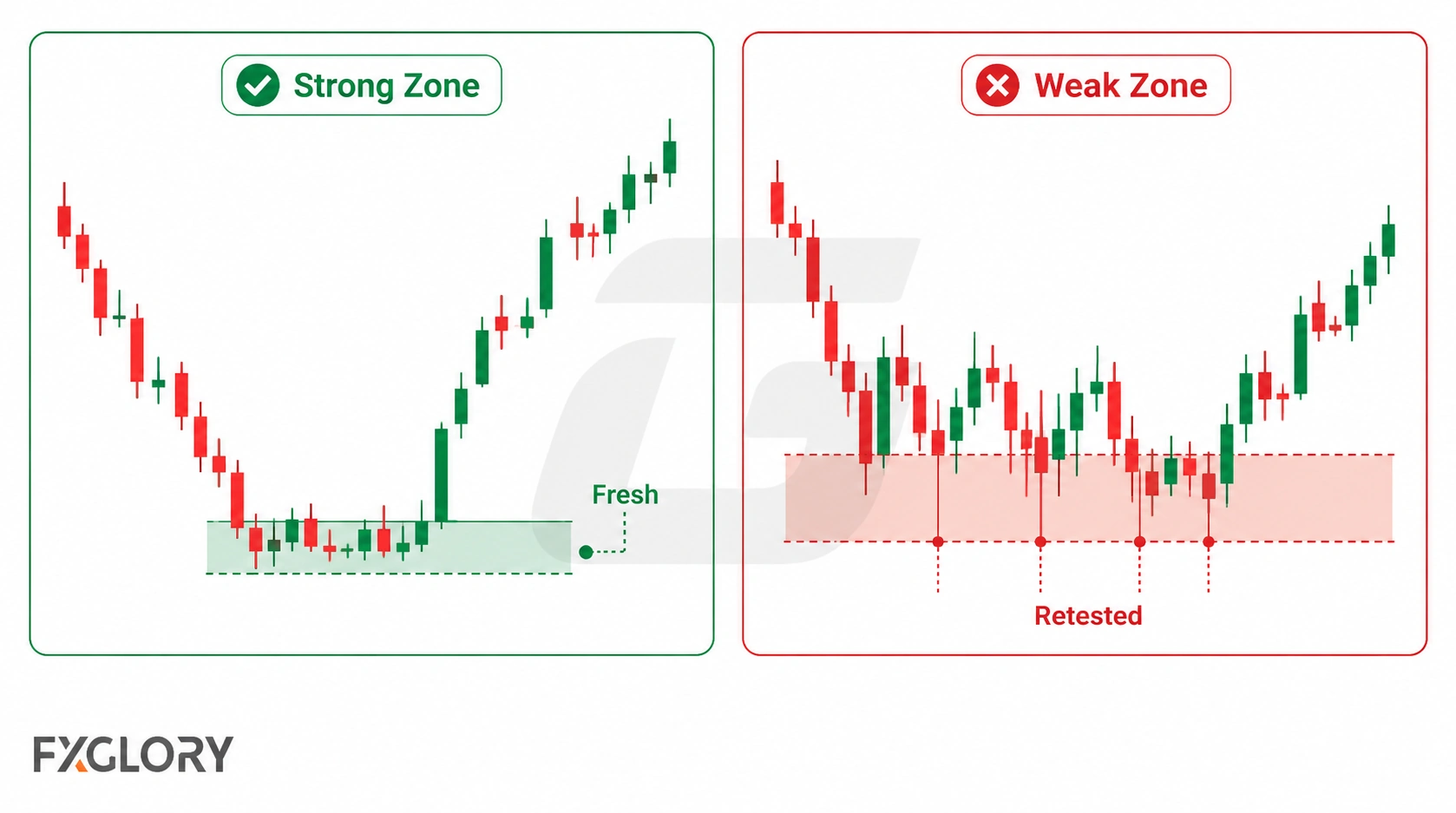 A side by side chart compares a clearly defined zone with a compact base and directional departure against a less distinct area with overlapping price action.